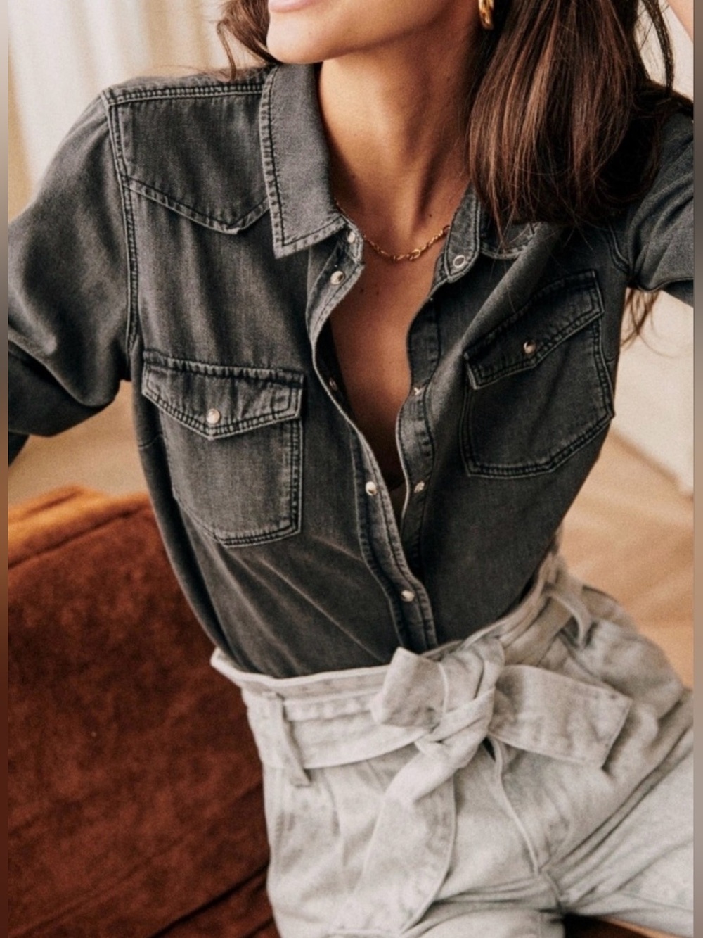 Sezane Servanne Chambray Snap Down Top in Bleached Black